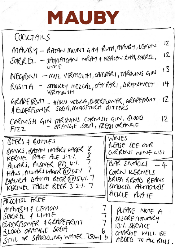 Mauby cocktails menu