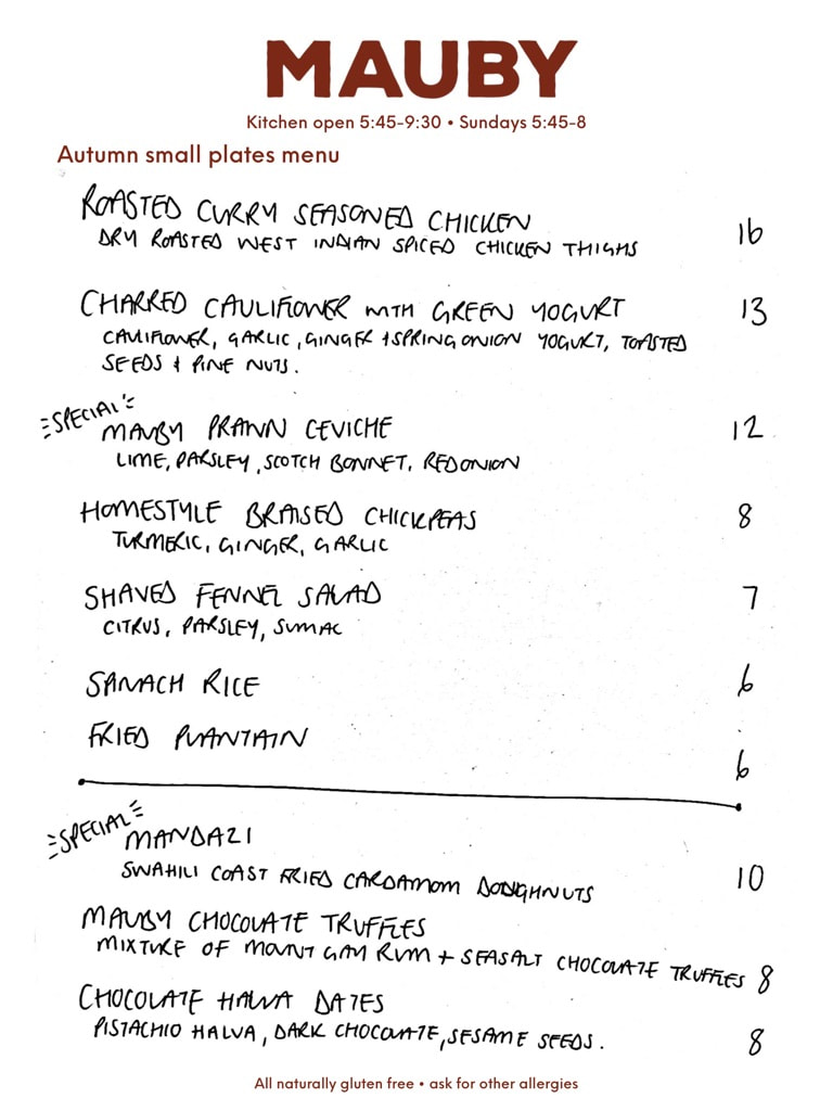 Mauby autumn small plates menu