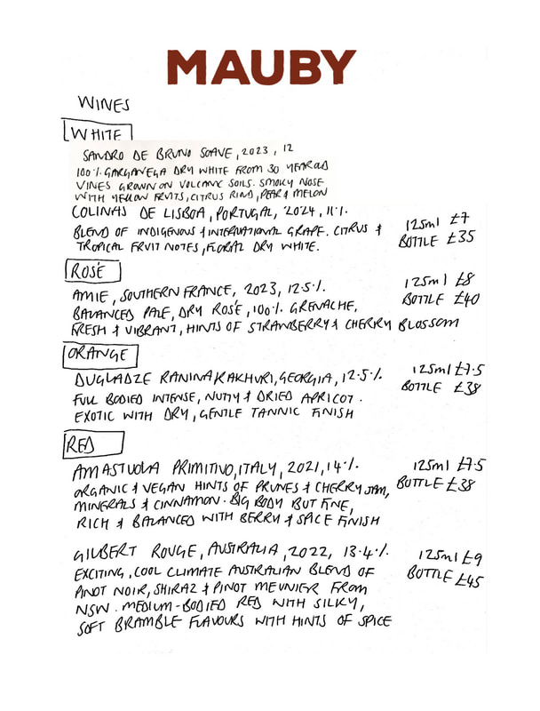 Mauby wine menu
